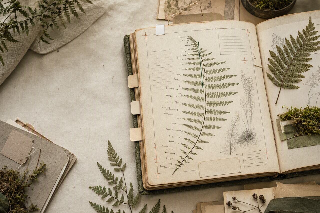 An open botanical field notebook where a fern’s branching fronds resemble indented lines of code beside a green reading cursor.